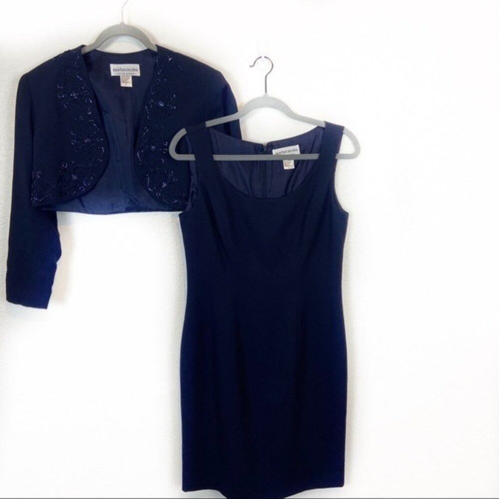 Morton Myles for the Warrens Vtg Beaded Navy Sheath Dress w/ Bolero Jacket sz 8